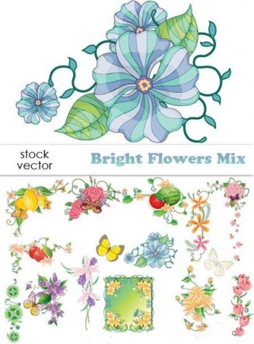 دانلود استوک وکتورهای گل به همراه کادرو حاشیه گل Vector - Bright Flowers Mix