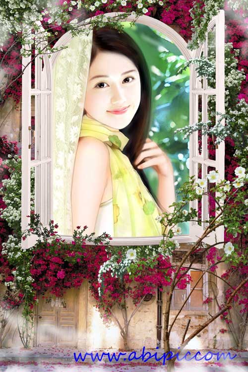 دانلود قاب عکس لایه باز با طرح پنجره تزئین شده با گل