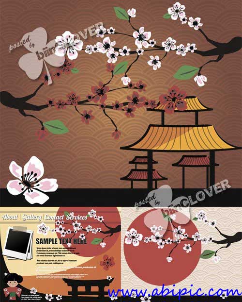 دانلود وکتور کارت تبریک با طرح ژاپنی Japanese card with blossom sakura