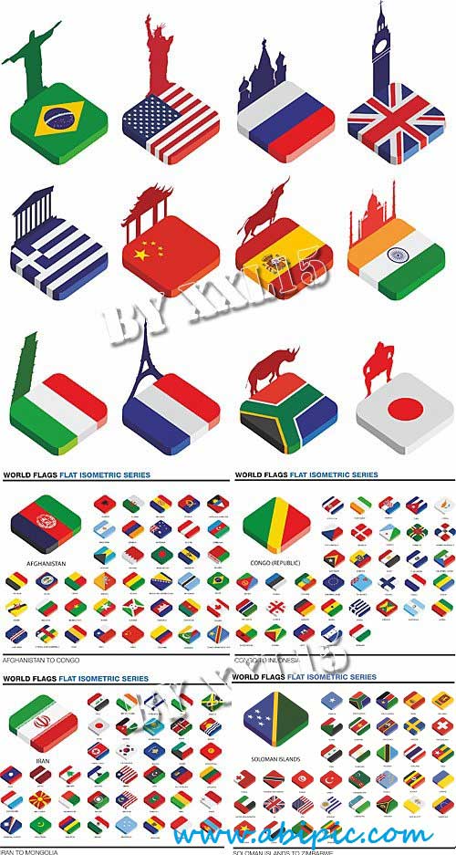 دانلود وکتور ایزومتری پرچم کشورهای دنیا Isometric world flags