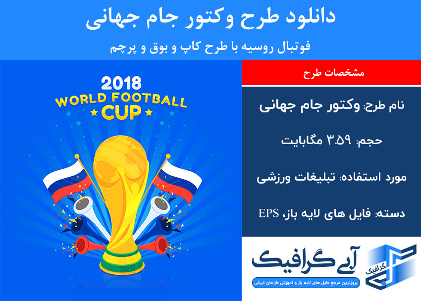 دانلود طرح وکتور جام جهانی فوتبال روسیه با طرح کاپ و بوق و پرچم