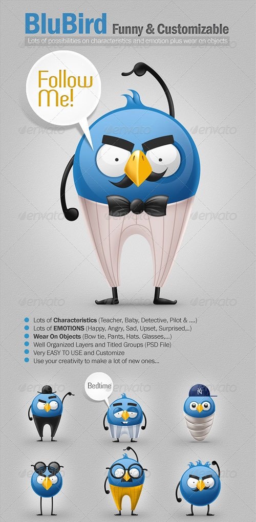دانلود طرح لایه باز کارکتر های کمدی زیبا پرنده آبی رنگ در شخصیت های متفاوت
