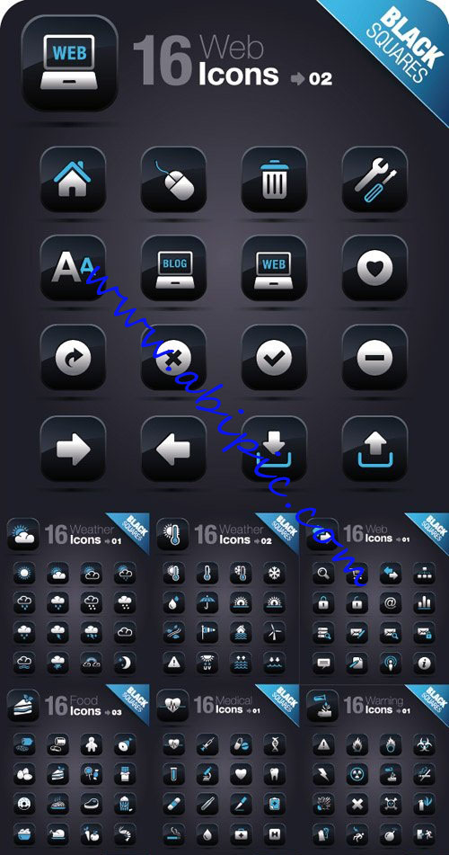 دانلود پک آیکون های مختلف تیره رنگ Icons On A Black Square