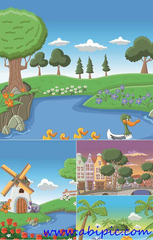 دانلود وکتور نقاشی منظره طبیعت Nature landscape lake vector