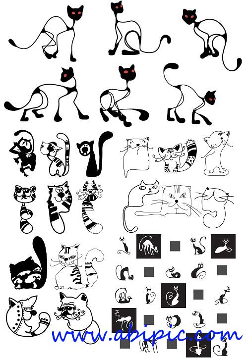 دانلود طرح وکتور سیاه و سفید از گربه های با مزه Black and white funny cats
