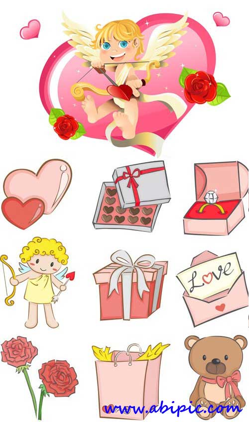 دانلود طرح وکتور آیکون های ولنتاین و عاشاقانه Stock: Valentine cupid and icons