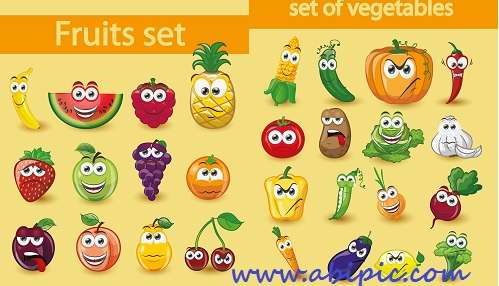دانلود وکتور شاد و بامزه از سبزیجات و میوه ها Funny fruits & vegetables