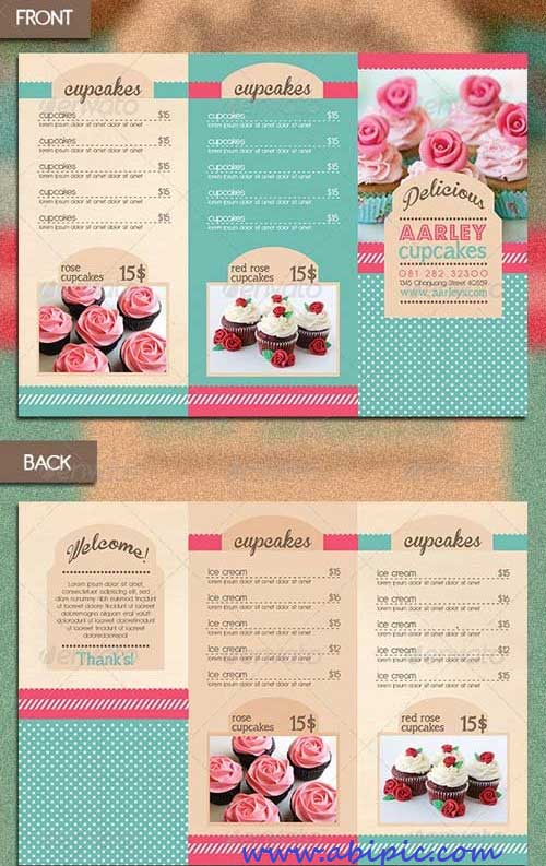 دانلود وکتور منو 3 لت زیبا برای شیرینی فروشی و شیرینی پزی ها Trifold Cupcakes Menu