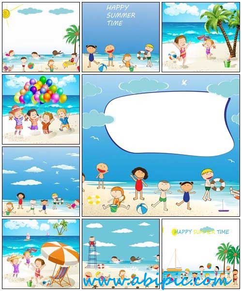 دانلود وکتور بچه ها در ساحل Children at the summer beach