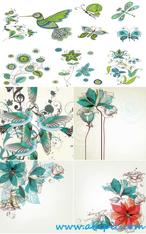 دانلود وکتور پس زمینه با طرح گل و پرنده Vector Birds and flowers