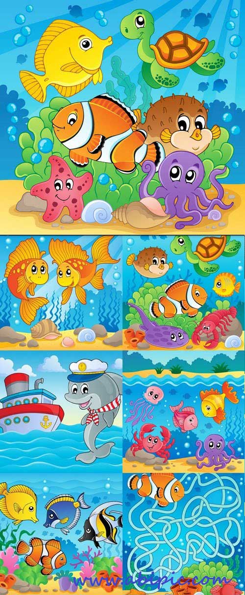 دانلود وکتور ماهی و موجودات زیر دریا Colorful Painted Fish