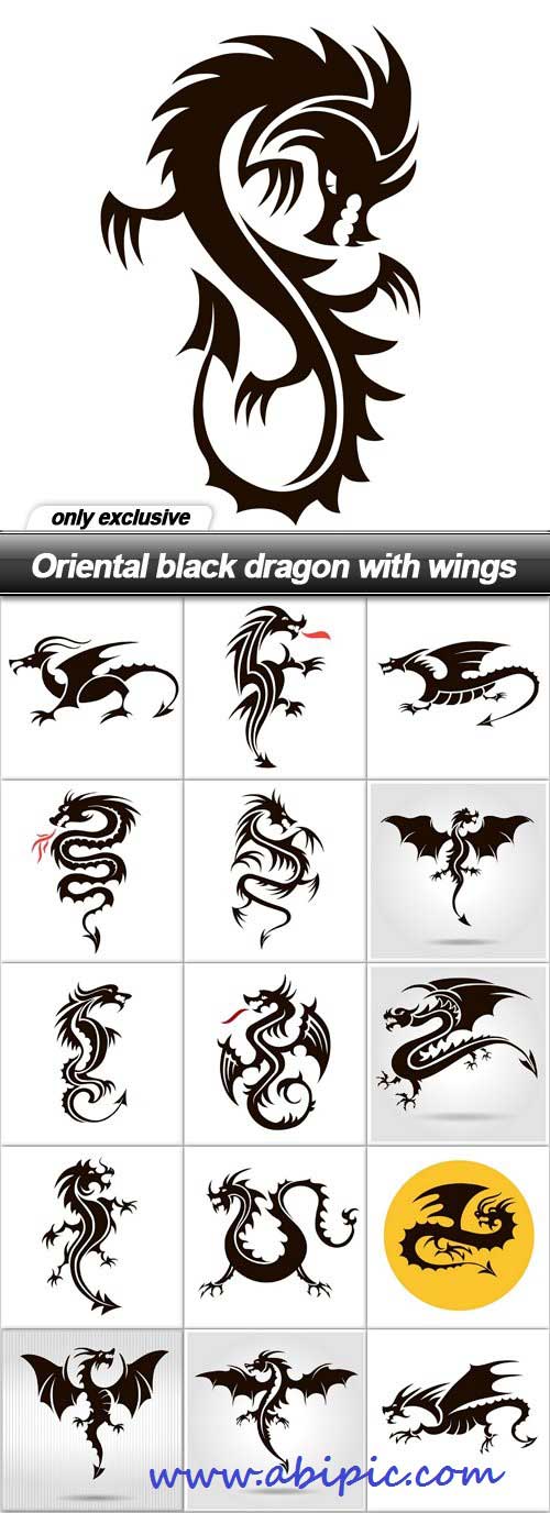 دانلود وکتور سیاه طرح اژدها چینی Oriental black dragon with wings