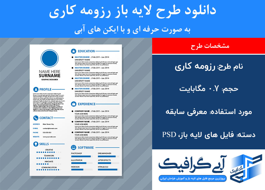 دانلود طرح لایه باز رزومه کاری به صورت حرفه ای و با ایکن های آبی