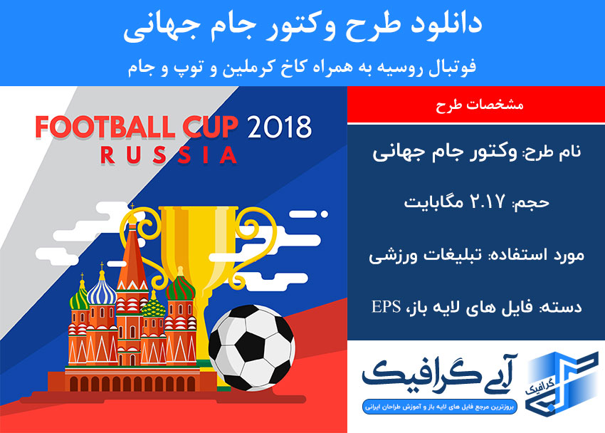 دانلود طرح وکتور جام جهانی فوتبال روسیه به همراه کاخ کرملین و توپ و جام