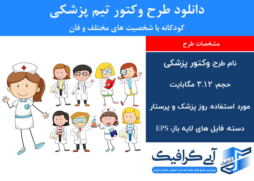 دانلود طرح وکتور تیم پزشکی کودکانه با شخصیت های مختلف و جذاب