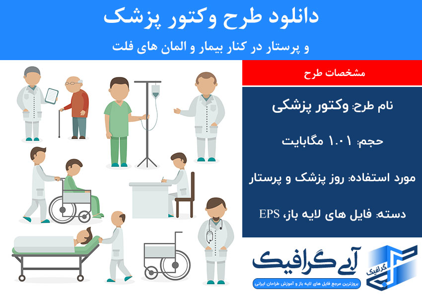 دانلود طرح وکتور پزشک و پرستار در کنار بیمار و المان های فلت